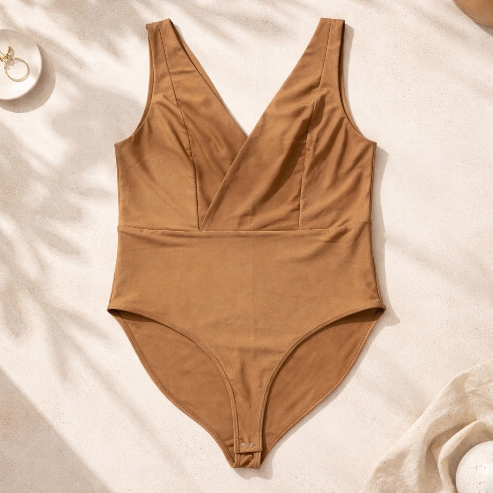 Women’s Deep V Neck Bodysuit – Tan / Camel – Sleeveless Stretch